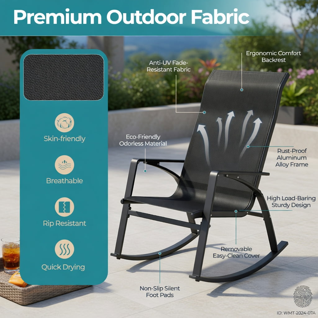 Hommoo 2-Pack Outdoor Rocking Chairs for Patio, Ergonomic Sling Fabric Rockers with Sturdy Steel Frame, Breathable Seat & Anti-Slip Base, Black