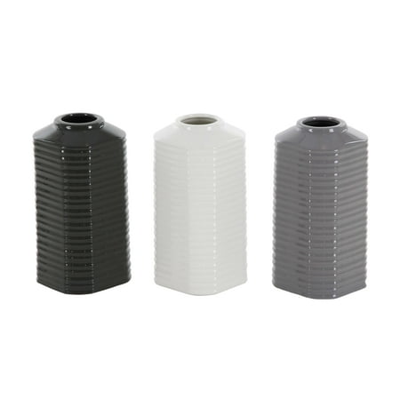 Ribbed Ceramic - Decmode Set of 3 contemporary 8 inch ribbed hexagonal-prism ceramic vases, Black, White, Gray