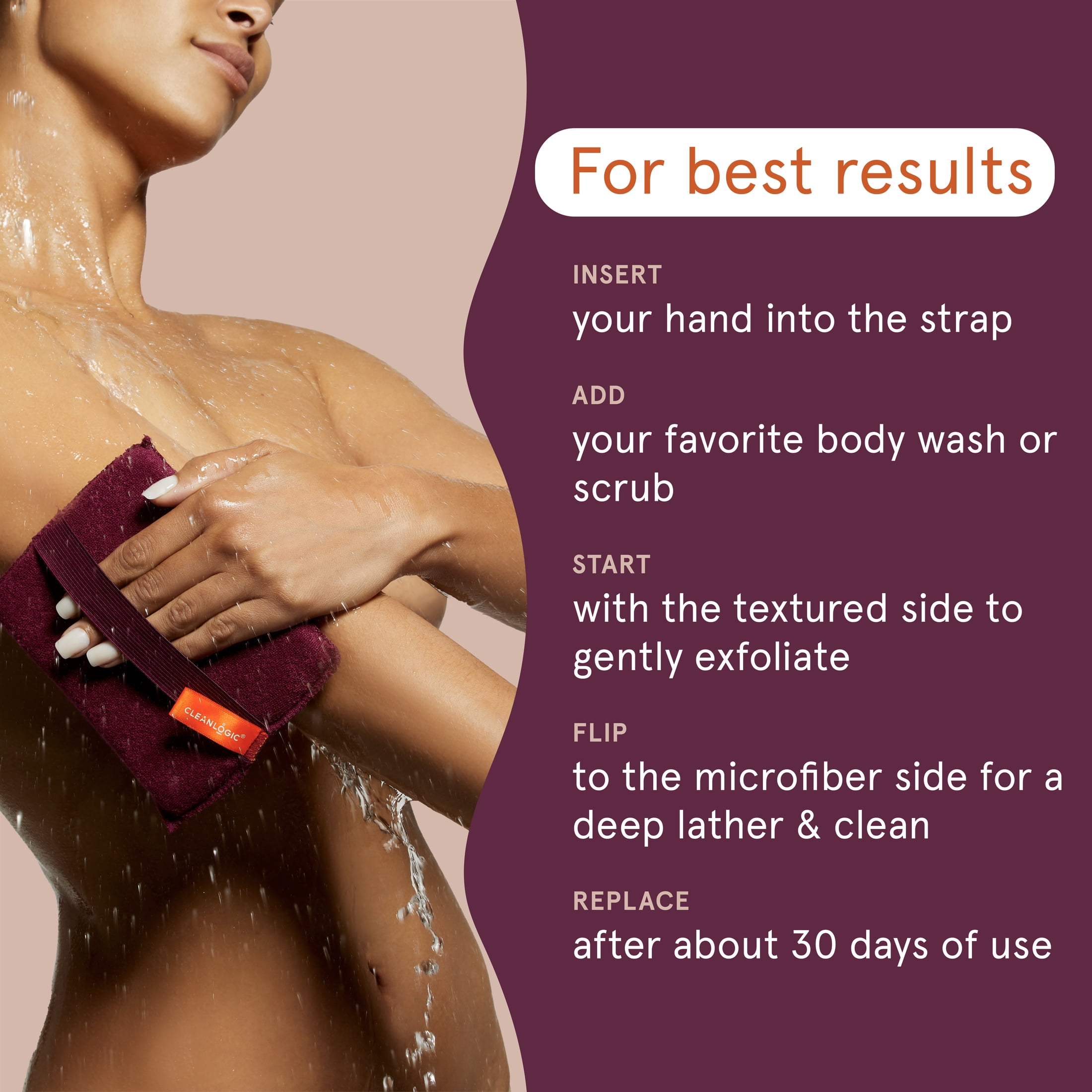 Cleanlogic 2-in-1 Large Body Exfoliator, Scrubber for Sensitive Skin, Dual-Sided, 1 Count