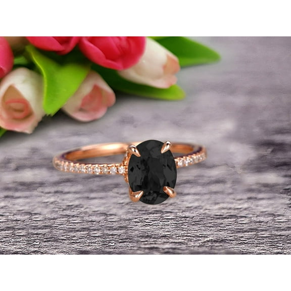 Vintage Looking Black Diamond Moissanite Engagement Ring On 10k Rose Gold 1.75 Carat 8x6mm Oval Cut Gemstone Custom Made Fine Jewelry Art Deco Anniversary Ring Bridal Ring