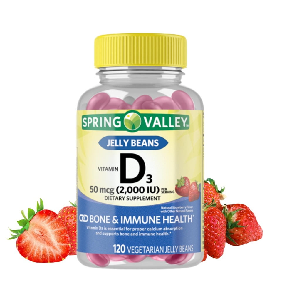 Spring Valley Vitamin D3, 50 mcg (2,000 IU) Vegetarian Jelly Beans Supplement, 120 Count