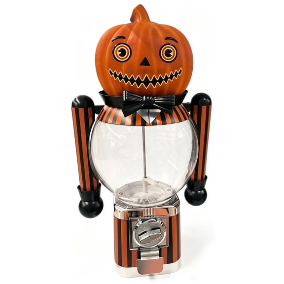 9.85 Inch Jack-o'-Lantern Gumball Machine Tabletop Décor, Vintage Striped Tabletop Candy Machine, Halloween Jack O Lantern Decor for Home Entryway Mantel Party Display