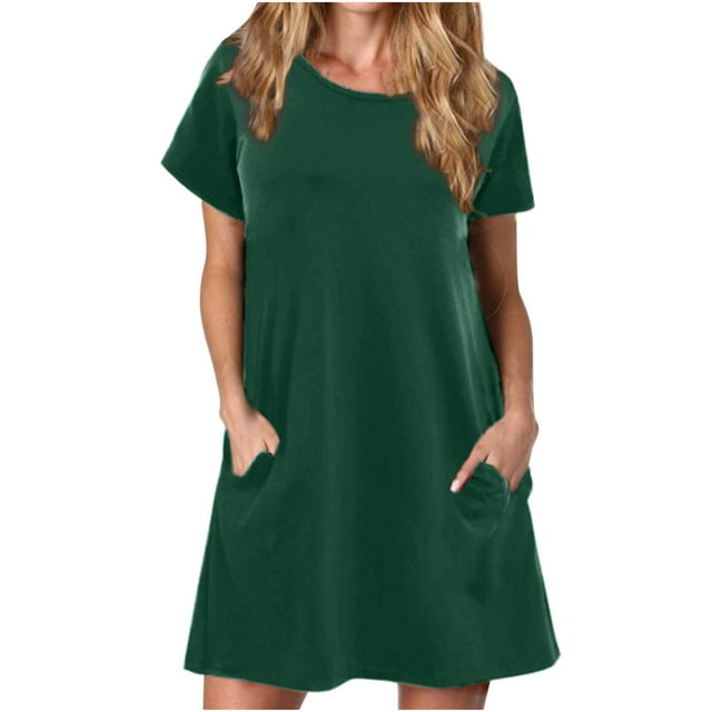 Tumotour Robe d'Été pour Femmes Robe T-Shirt d'Été Décontractée Col Rond Manches Courtes Tunique Ample avec Poche pour Femmes