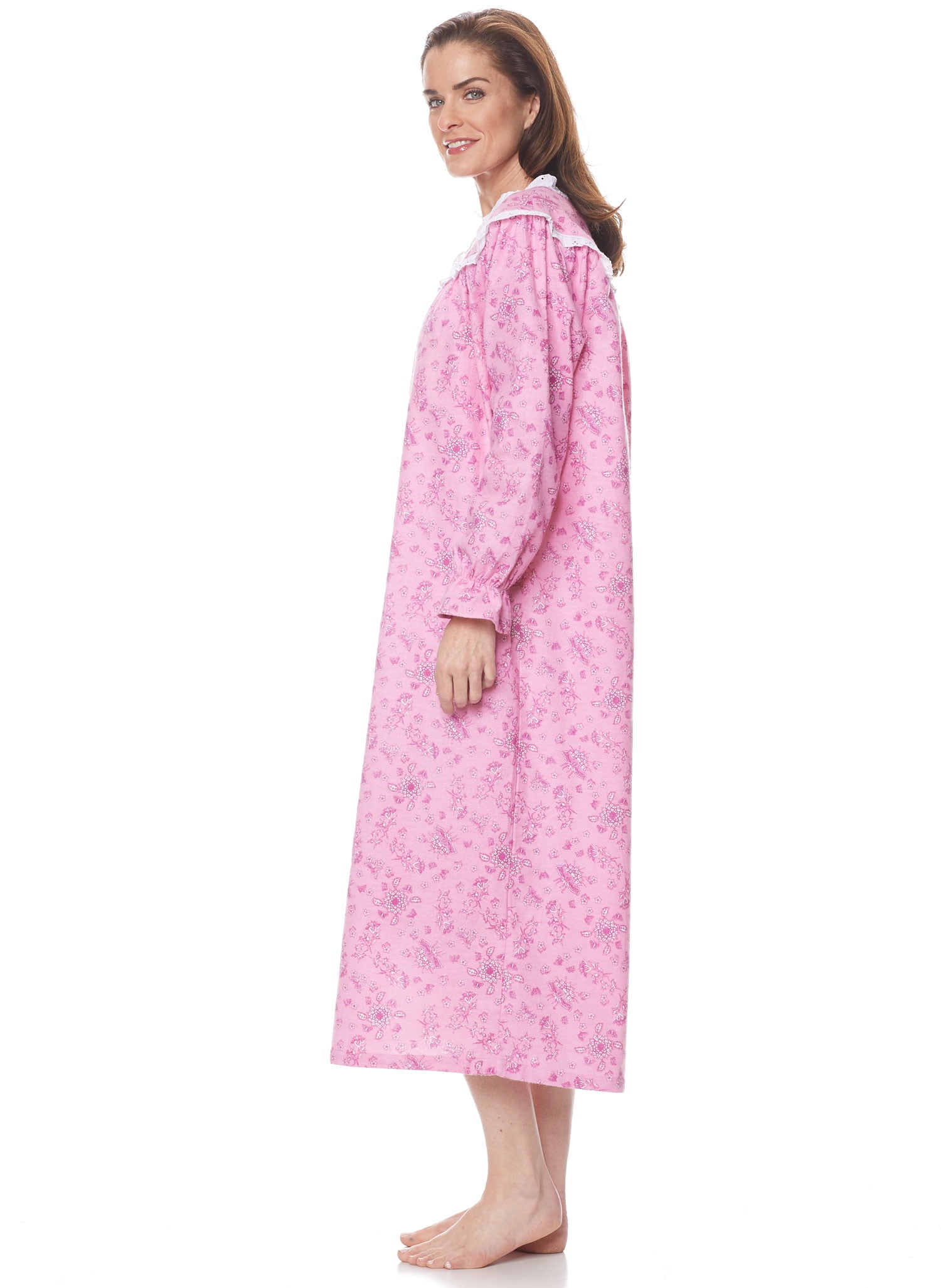 AmeriMark Womens Flannel Long Nightgown w//Eyelet Lace Trim Neckline /& Buttons