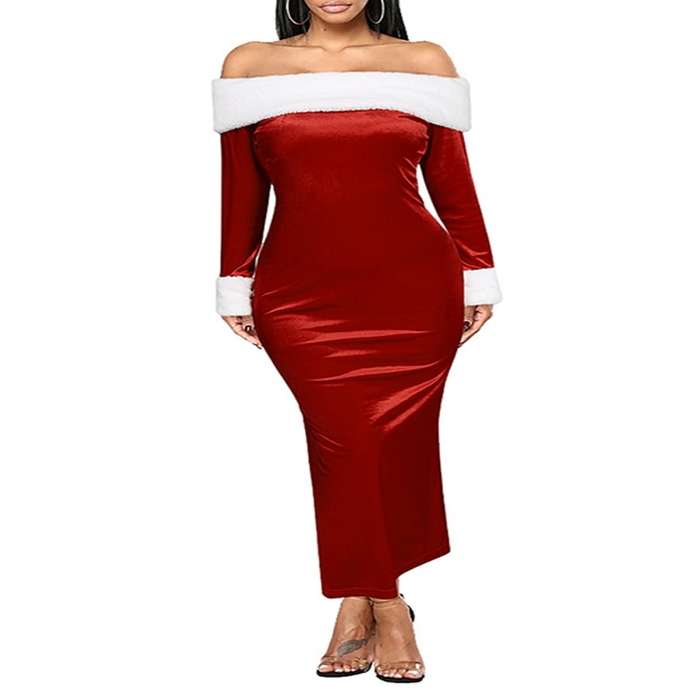 Female Formal Dress Christmas Boat Neck Long Sleeve Dress