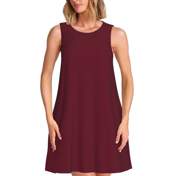 Easygdp Maroon para Vestido Transpirable de Mujer, Vestido Suelto de Manga Corta con Pliegues y Bolsillos para el Verano