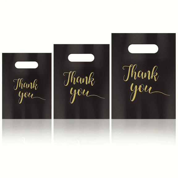 Black “Thank You” Plastic Gift Bags - 200Pcs Assorted Sizes for Events & Retail