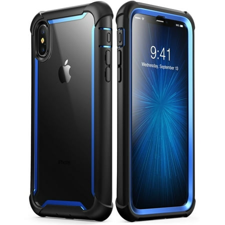 iPhone X case, i-Blason [Ares] Full-body Rugged Clear Bumper Case with Built-in Screen Protector, Iphone X, Blue