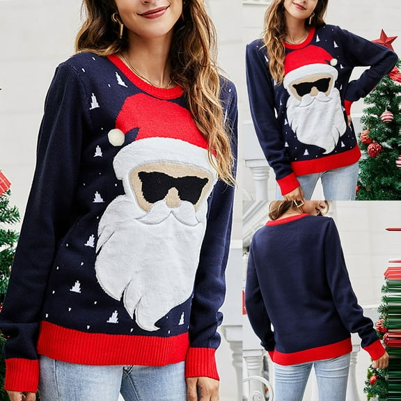 Women's Fashion Cute Round Neck Pullover Loose Christmas Sweater for Fall and Winter, Festive and Comfortable, Great as Christmas Sweaters for Women and Christmas Gifts,Dark Blue,Size L