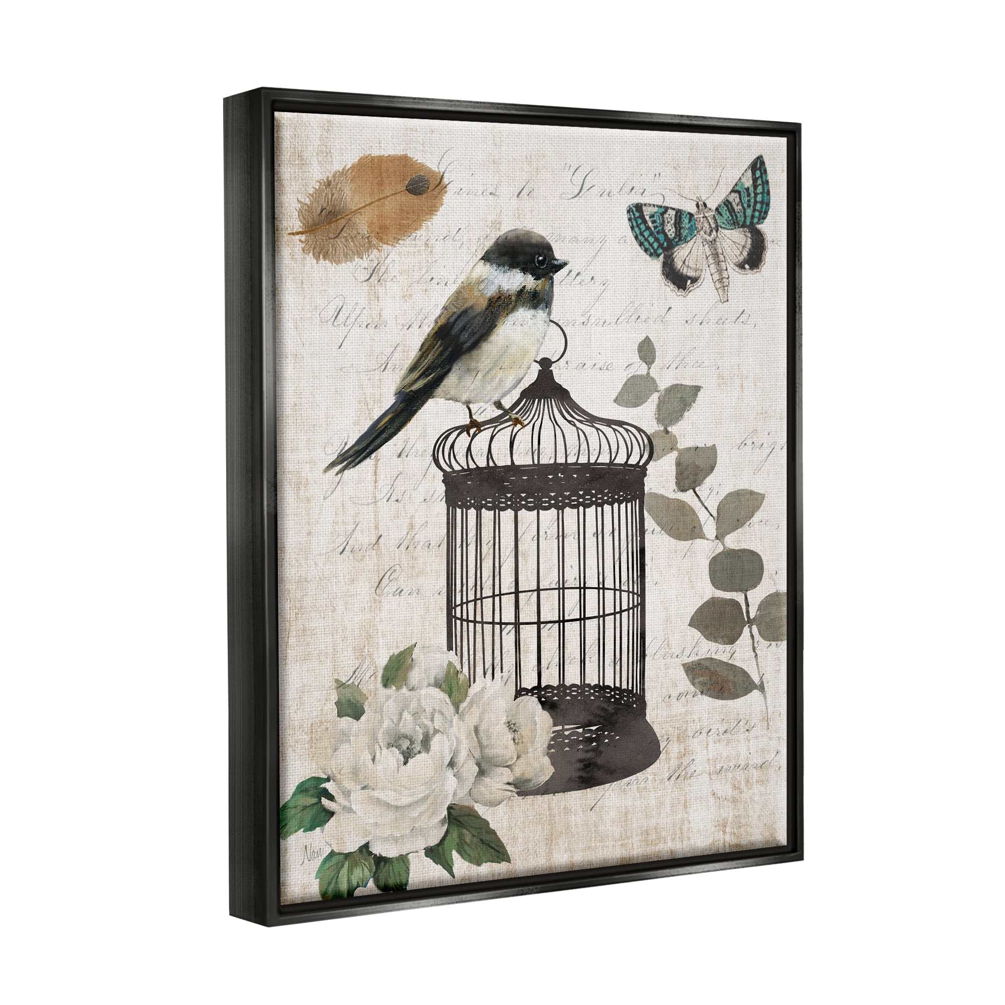 Stupell Industries Vintage Bird Cage Butterfly Floral Script Words Graphic Art Jet Black Floating Framed Canvas Print Wall Art, Design by Nan