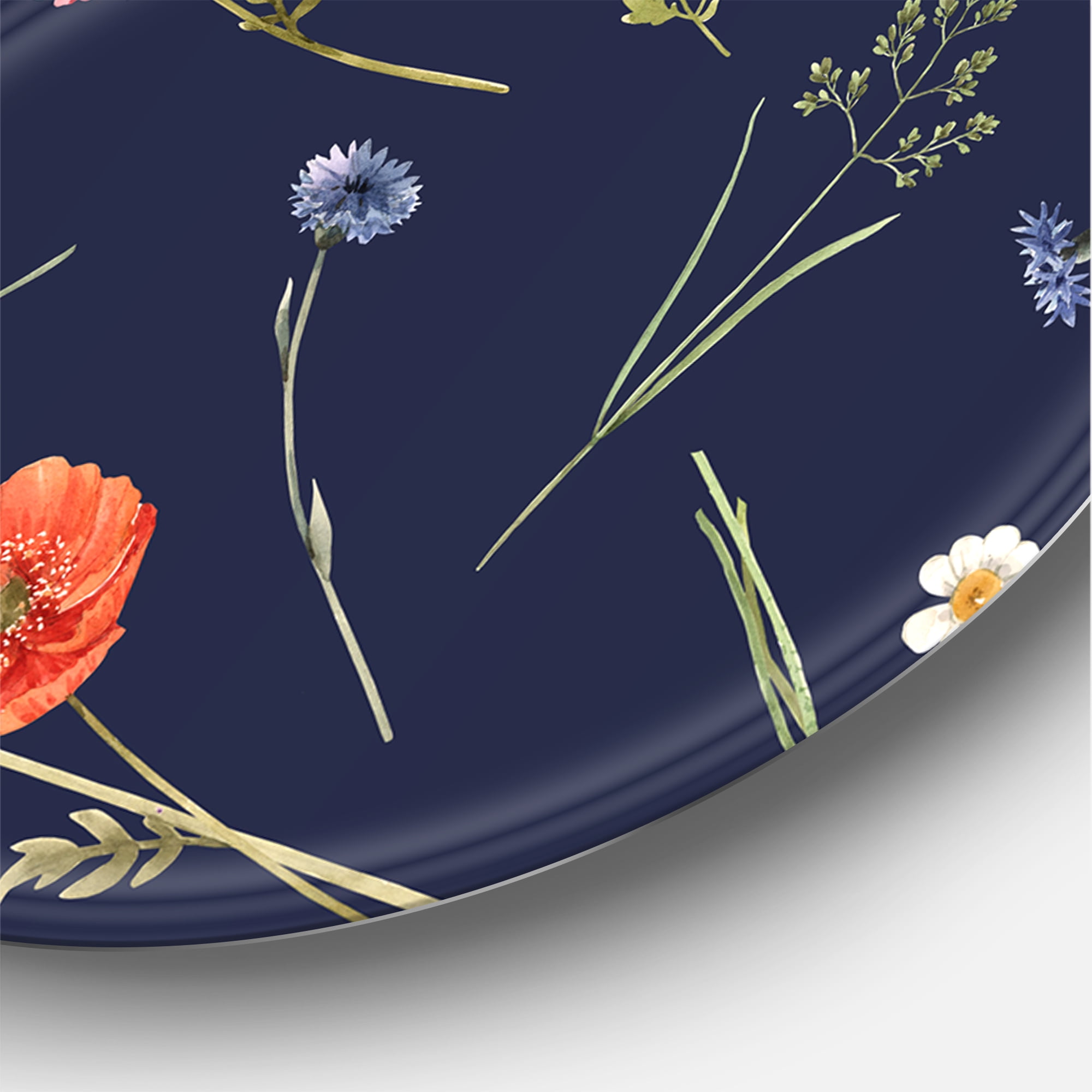 Designart 'Yellow and Orange Wild Flowers On Dark Blue' Traditional Circle Metal Wall Art 11x11 - Disc of 11