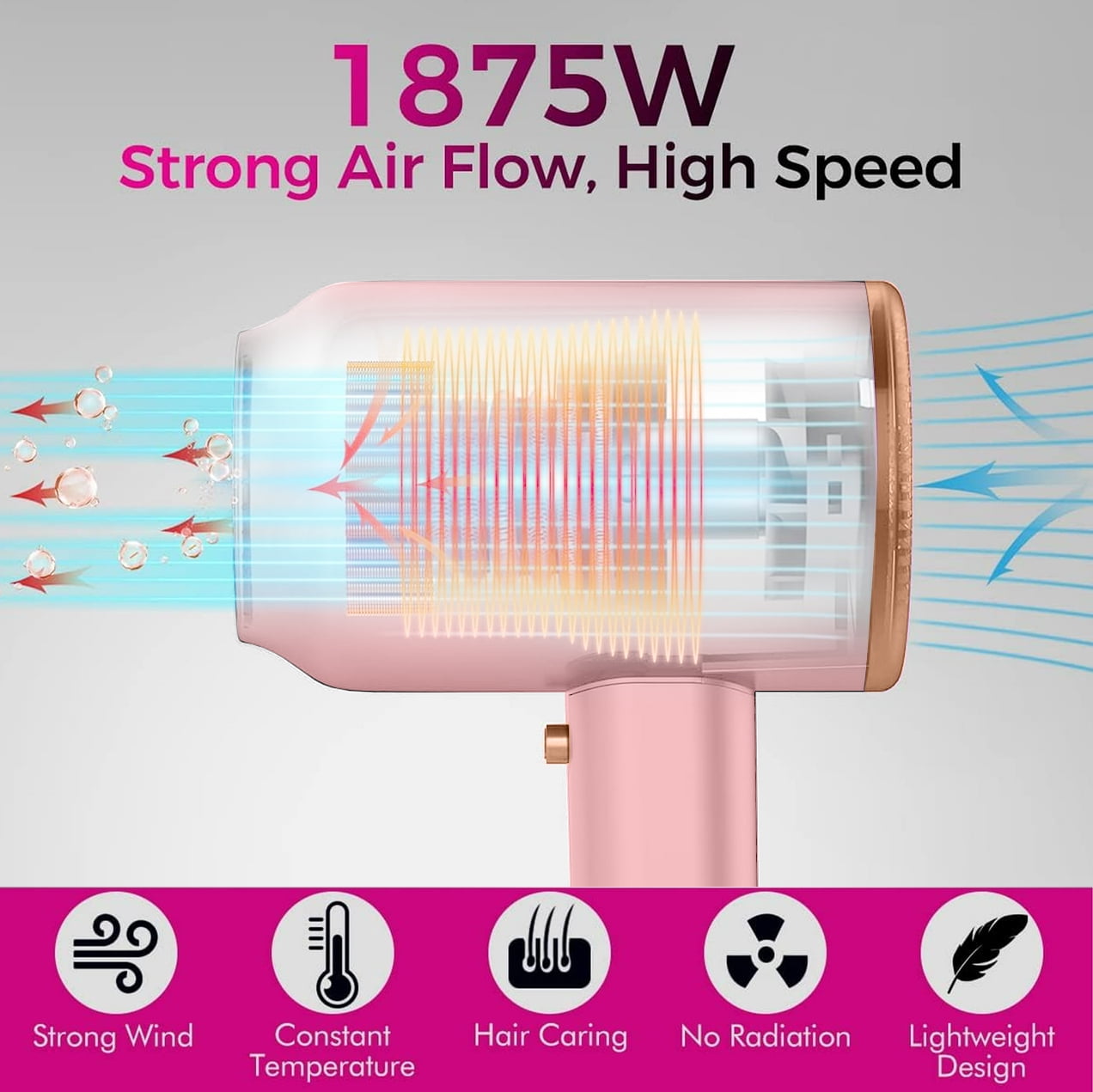 Professional Ionic Hair Dryer, Powerful 1600W Fast Drying Low Noise Blow Dryer with Concentrator Nozzle Diffuser Attachments for Home Salon Travel,ALCI Safety Plug