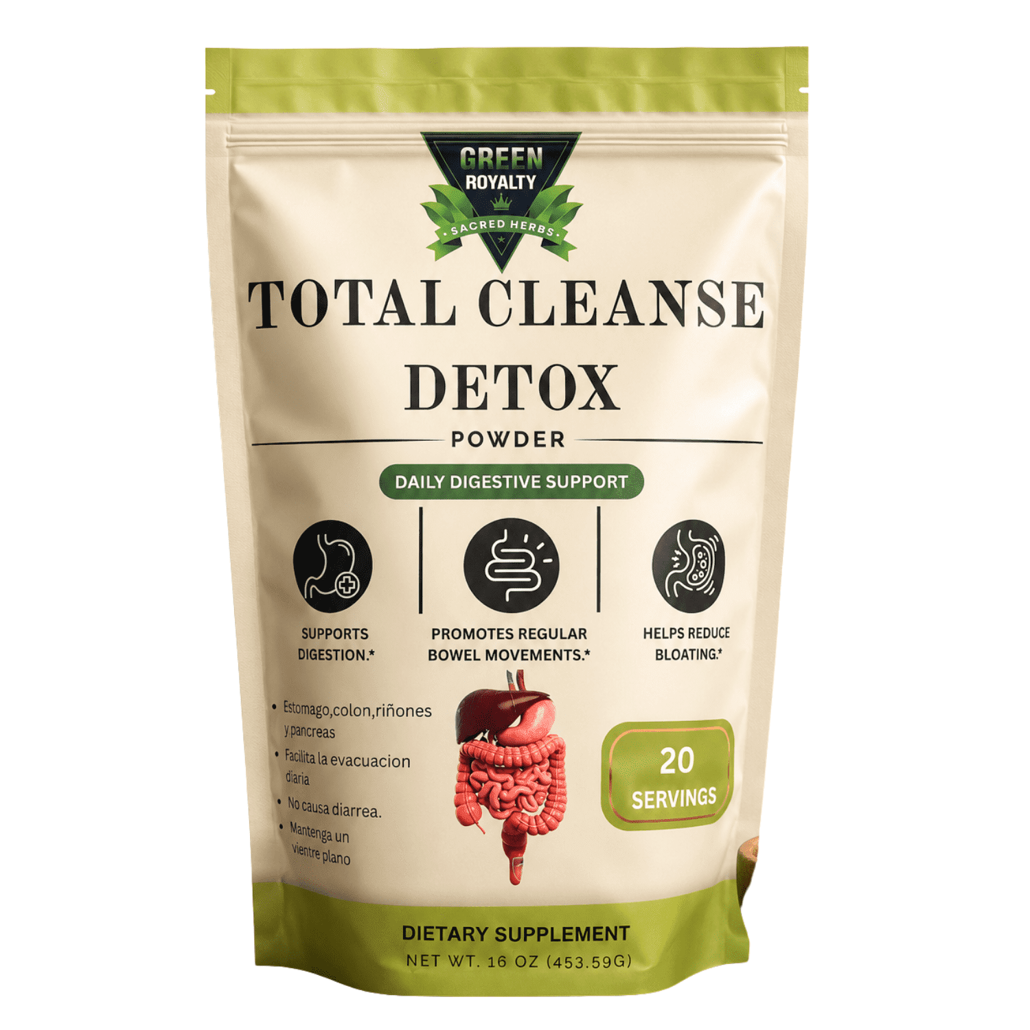 Green Royalty Total Cleanse Detox Powder Dietary Supplement, Easy Mix Formula, 20 Servings, 16 oz (453.59 g)