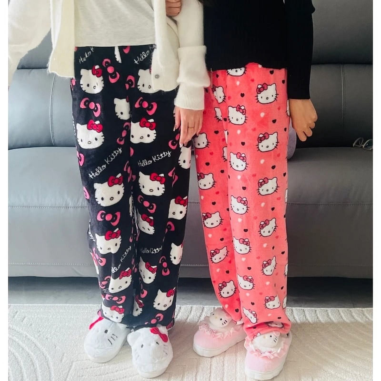 Sanrio Hello Kitty Pajamas Pants Black Pink Anime Flannel Women