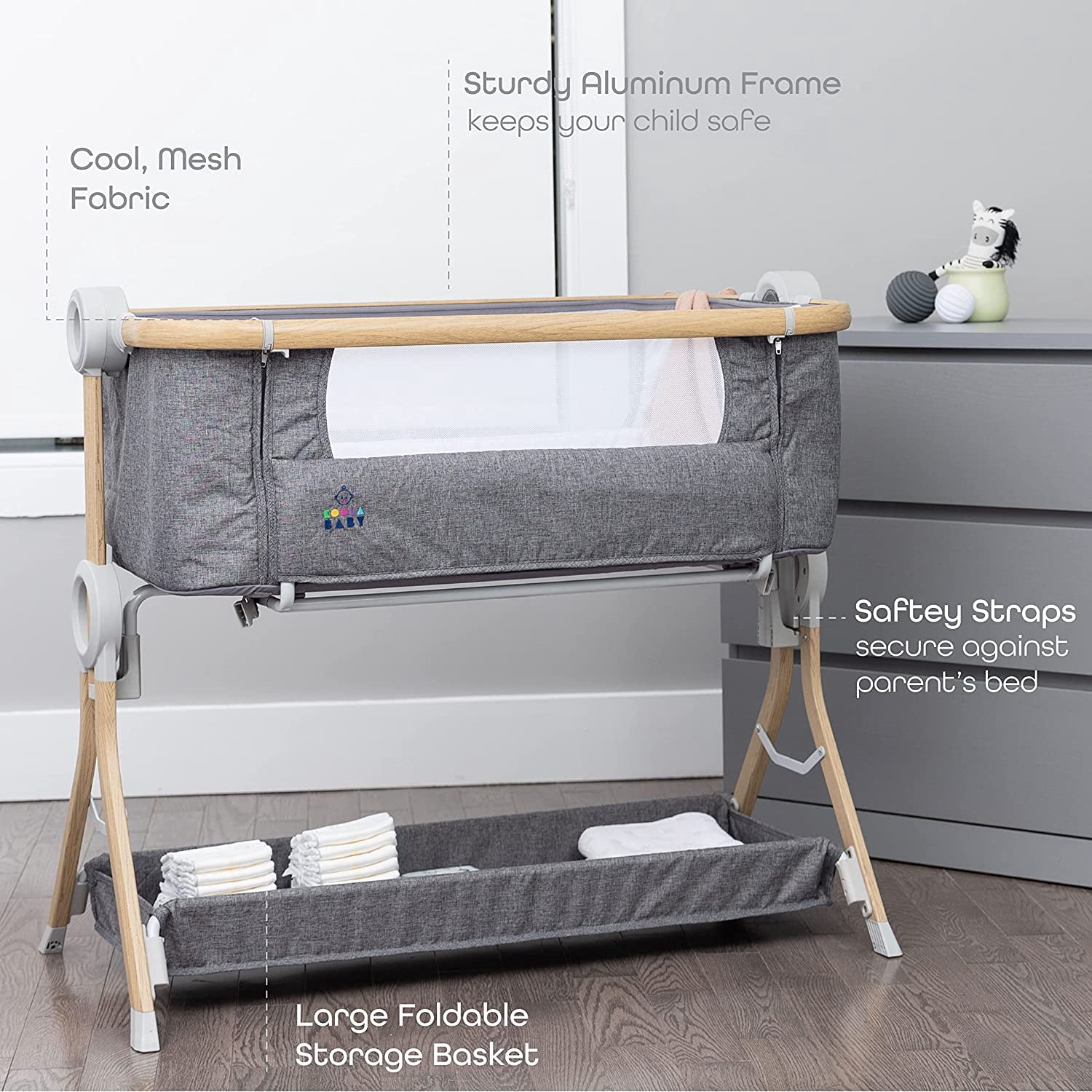 Baby Bassinet, Bedside Sleeper for Baby, Easy Folding Portable Crib with Storage Basket for Newborn, Bedside Bassinet, Comfy Mattress/Travel Bag Included