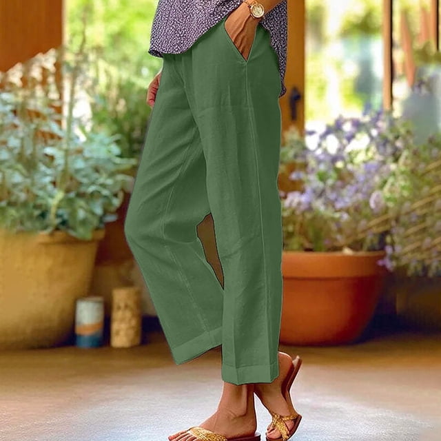 LSLJS Women's Spring and Solid Color Elastic Waist Cotton Linen Versatile Straight Tube Casual Wide Leg Pants