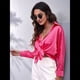 thumbnail image 5 of Blusas de Satén con Cuello en V y Larga para Mujer, Blusas de Seda de Verano, Moda 2025 Rosa Roja M, 5 of 9