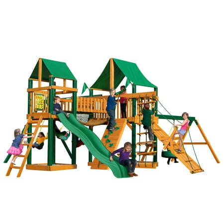 Gorilla Playsets Pioneer Peak Cedar Swing Set with Green Vinyl Canopy and Timber Shield Posts