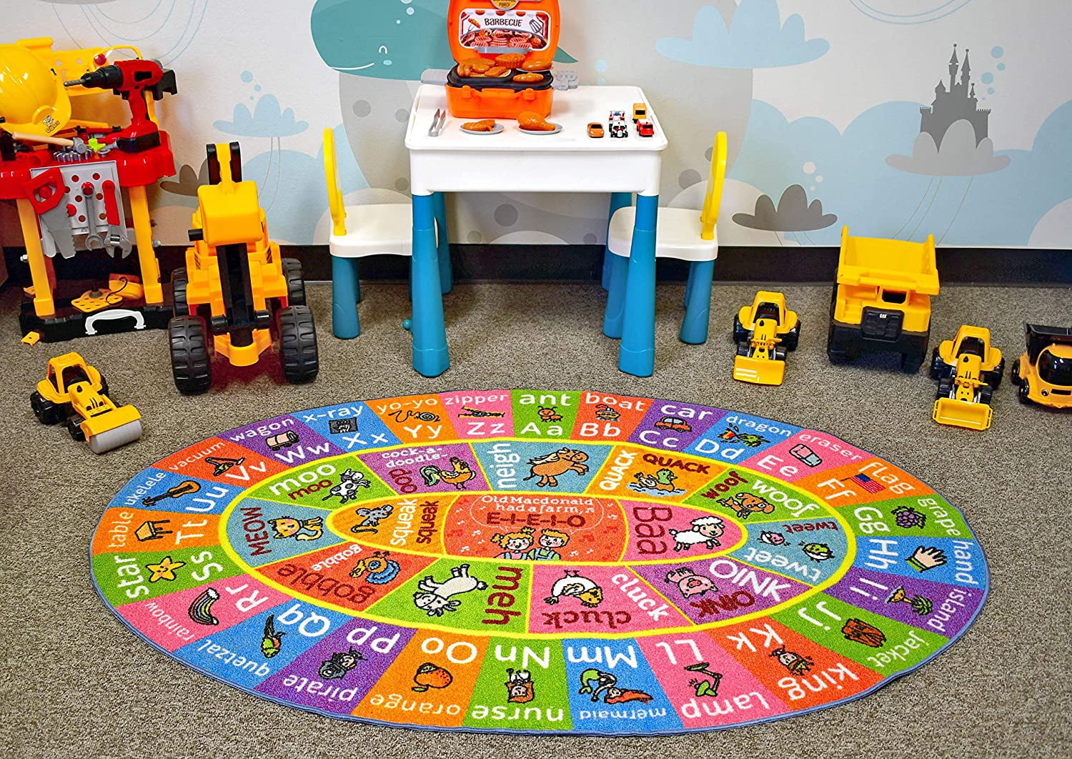 KC Cubs Playtime Collection ABC Alphabet with Old MacDonald's Animals Educational Learning & Game Oval Area Rug Carpet for Kids and Children Bedrooms and Playroom