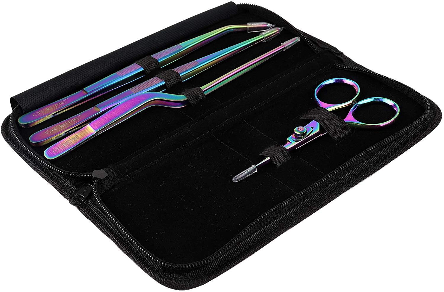 O'Creme Set of Culinary Tweezer Tongs 8 Inch Straight, 8 Inch Offset and 8 Inch Curved, Plus Super Sharp Chef Scissors, Total 4 Pieces Multicolored