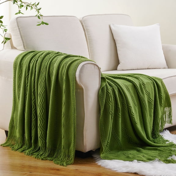 Green Throw Blankets,Lightweight Textured Knit Blanket with Tassels,Spring Throws,50"x60"