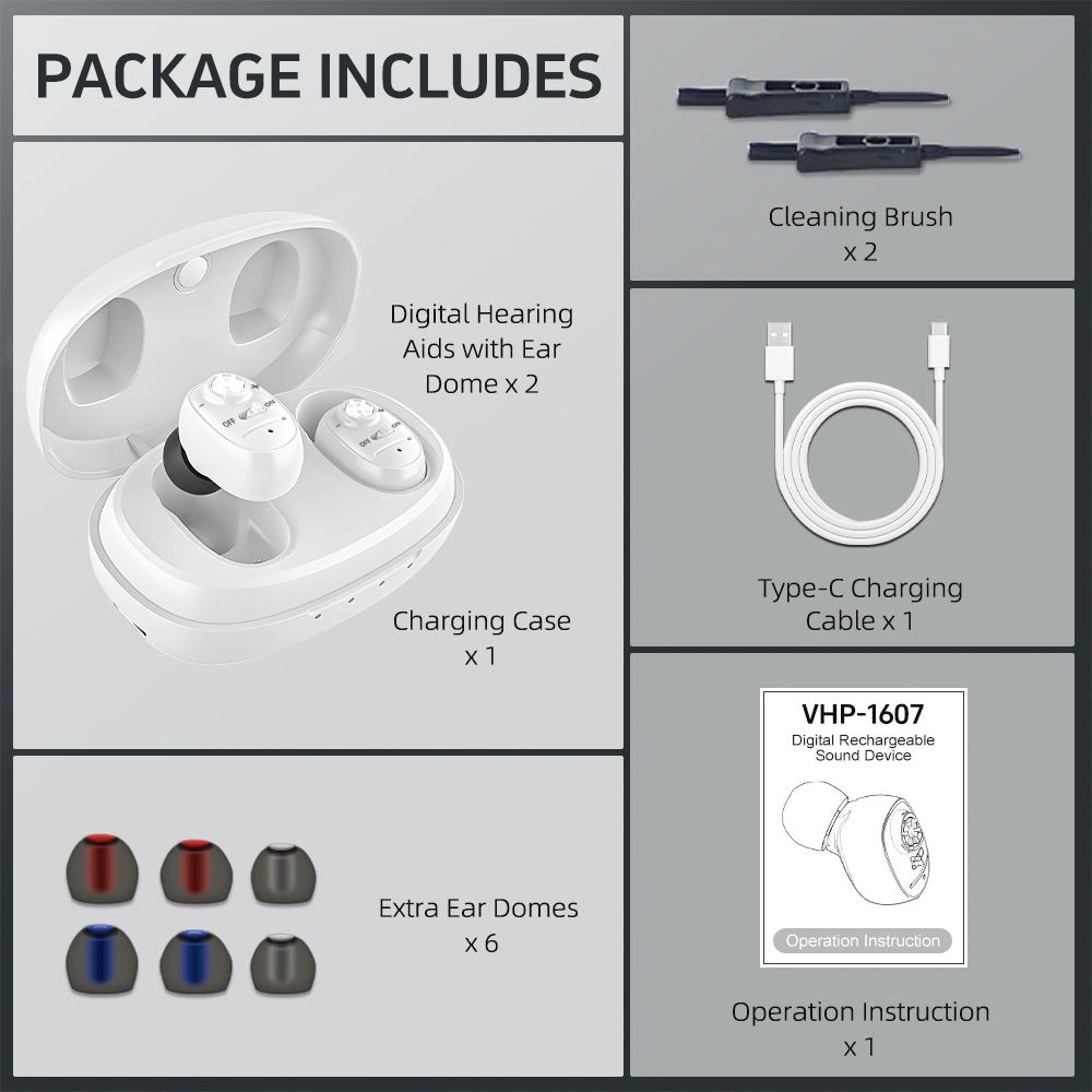 ELCTRTICI Hearing Aids for Seniors, Rechargeable, VHP-1607, White, Binaural