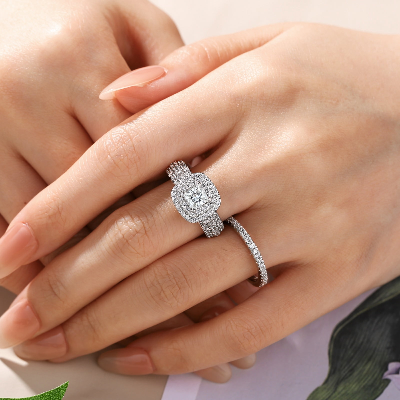 SFTING Wedding Rings Set for Women Halo Princess Cut 5A CZ Engagement Rings Silver 18K Plated Jewelry Anniversary Gift for Her Size 9