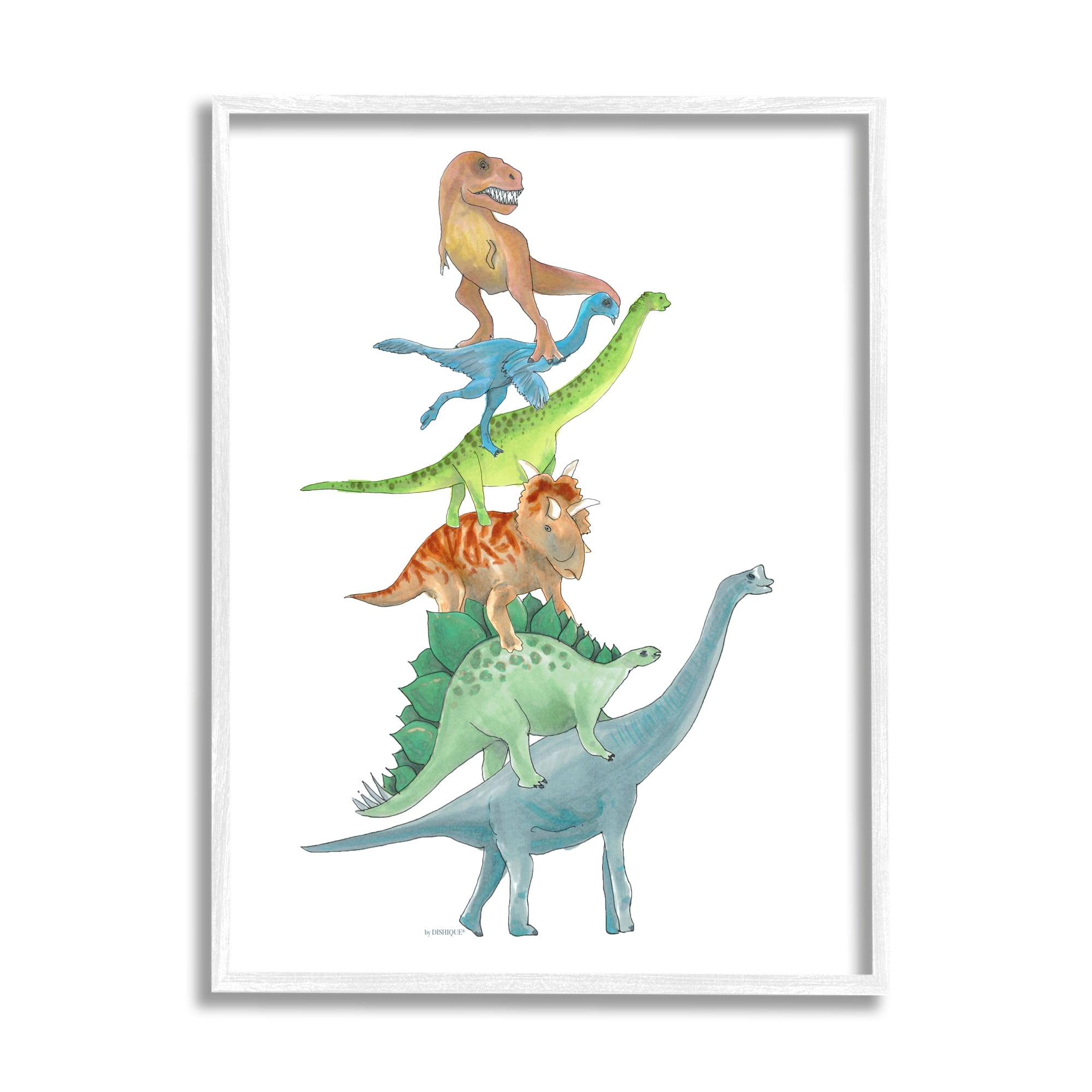 Stupell Industries Stacked Dinosaurs Balancing T-Rex Stegosaurus Illustration Graphic Art White Framed Art Print Wall Art, Design by Dishique