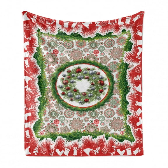 Christmas Soft Flannel Fleece Throw Blanket, Fir Tree Wreath with Vivid Bauble Ornate Flowers Bells Presents Print, Cozy Plush for Indoor and Outdoor Use, 60" x 80", Multicolor, by Ambesonne