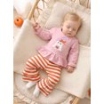 thumbnail image 6 of RUINIXCW Toddler Baby Girl Thanksgiving Halloween Outfit Infant Baby Girls Fall Clothes Turkey Ghost Embroidery Long Sleeve Ruffled Shirt Tops and Striped Bell Bottoms 2 Pcs Set, 6 of 9