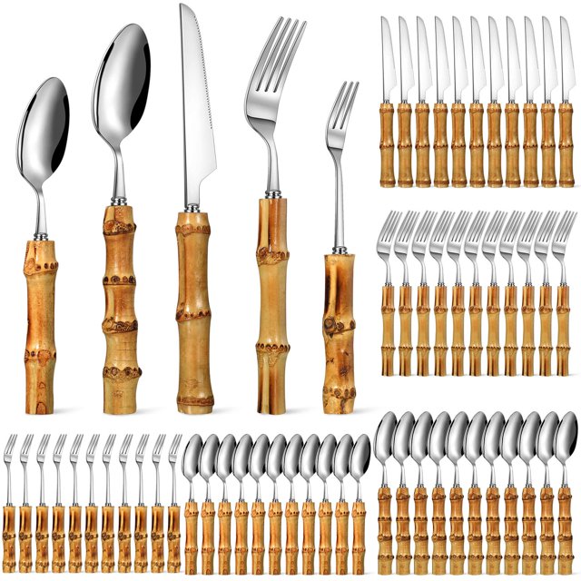 Eboot Bamboo Silverware Set 18/8 Stainless Steel Tableware Set Natural Utensil Flatware Kit Spoon Fork Knives Bamboo Handle Cutlery for Kitchen Wedding Home Restaurant P