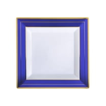 Blue Splendor 10" Square White w/ Blue and Gold Band Plastic Dinner Plates 10ct.