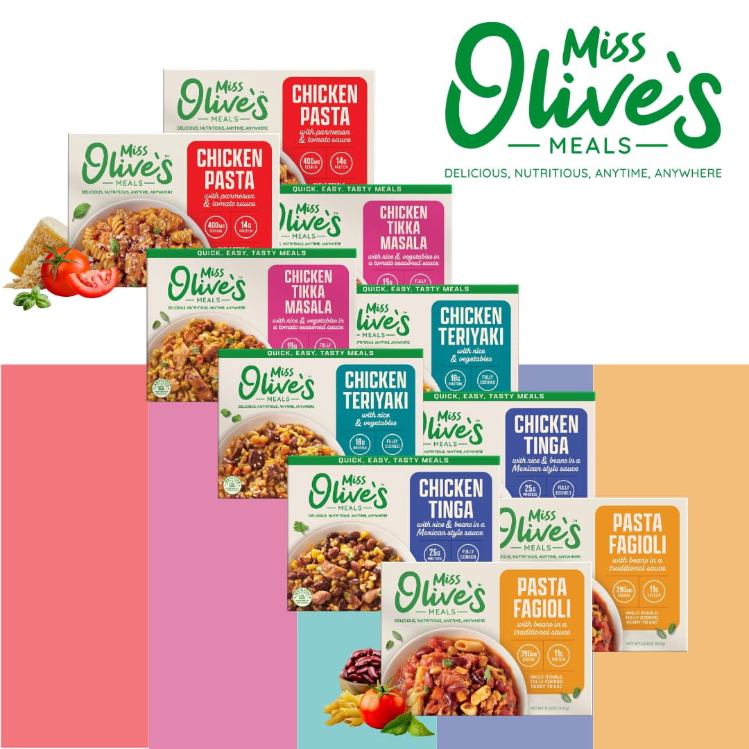 Miss Olive’s Ready Meals Variety Pack – 10 Pack (2 of Each Flavor) – Savory Entrées Including Tinga, Tikka, Teriyaki, Pasta Fagioli & Chicken Parm – Heat & Serve Microwave Meals, Larger Portions
