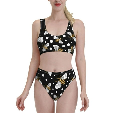 Bixox Honey Bees at Night Pattern Two-Piece Sports Bikini with U-Shaped Top and High-Waist Bottom - Women s Swimwear with Removable Bra Pads
