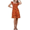 thumbnail image 2 of VESTIDO FLORAL CON VOLANTES PARA MUJERES, SIN MANGAS, CUELLO CUADRADO, COLOR ROJO NARANJA, 2 of 6