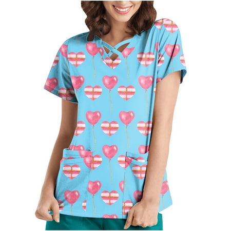 

Honeeladyy Deals Valentine s Day Uniform for Women Cute Love Heart Printing Cross V Neck Shirt Short Sleeve Work-wear Tops with Pocket