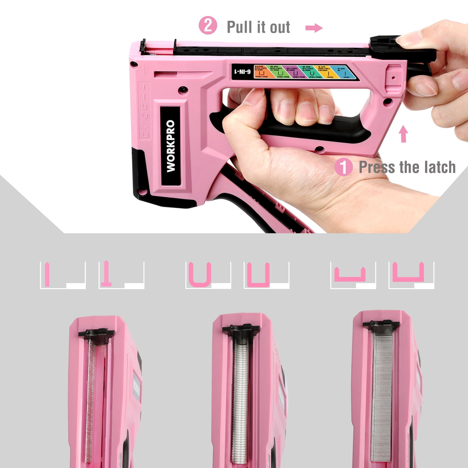WORKPRO 6-in-1 Manual Staple Gun and Brad Nailer, Includes 4000 Staples, Upholstery and Furniture Repair Tool, Pink Ribbon