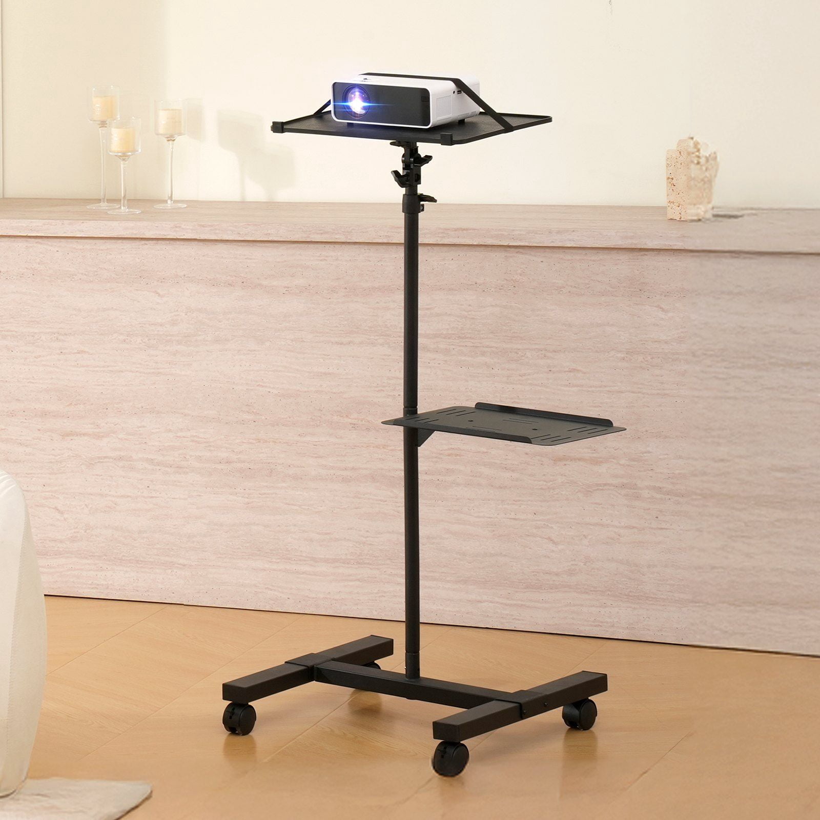 Adjustable Height Projector Floor Stand (22.8"-57.3") w/Tray & Wheels, Heavy Duty 88lbs, for Outdoor Movies, Office, Stage, DJ Equipment – Black