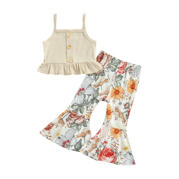 Qmyliery Toddler Baby Girl Summer Clothes Set, Solid Knit Ribbed Ruffle Tank Tops + Floral Print Flared Trousers
