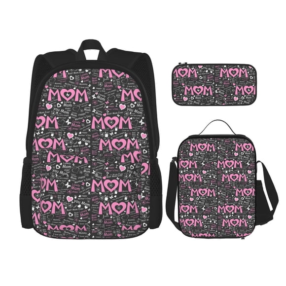Easygdp Lovely Mom Ever Mochila para Niños y Niñas con Set de Caja de Almuerzo y Estuche para Lápices 3 en 1, Mochila Escolar Estampada para Adolescentes