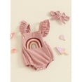 thumbnail image 6 of Aojekbee Baby Girls Rompers Fuzzy Rainbow Embroidery Fly Sleeve Ruffles Infant Bodysuits Summer Clothes with Headband, 6 of 10