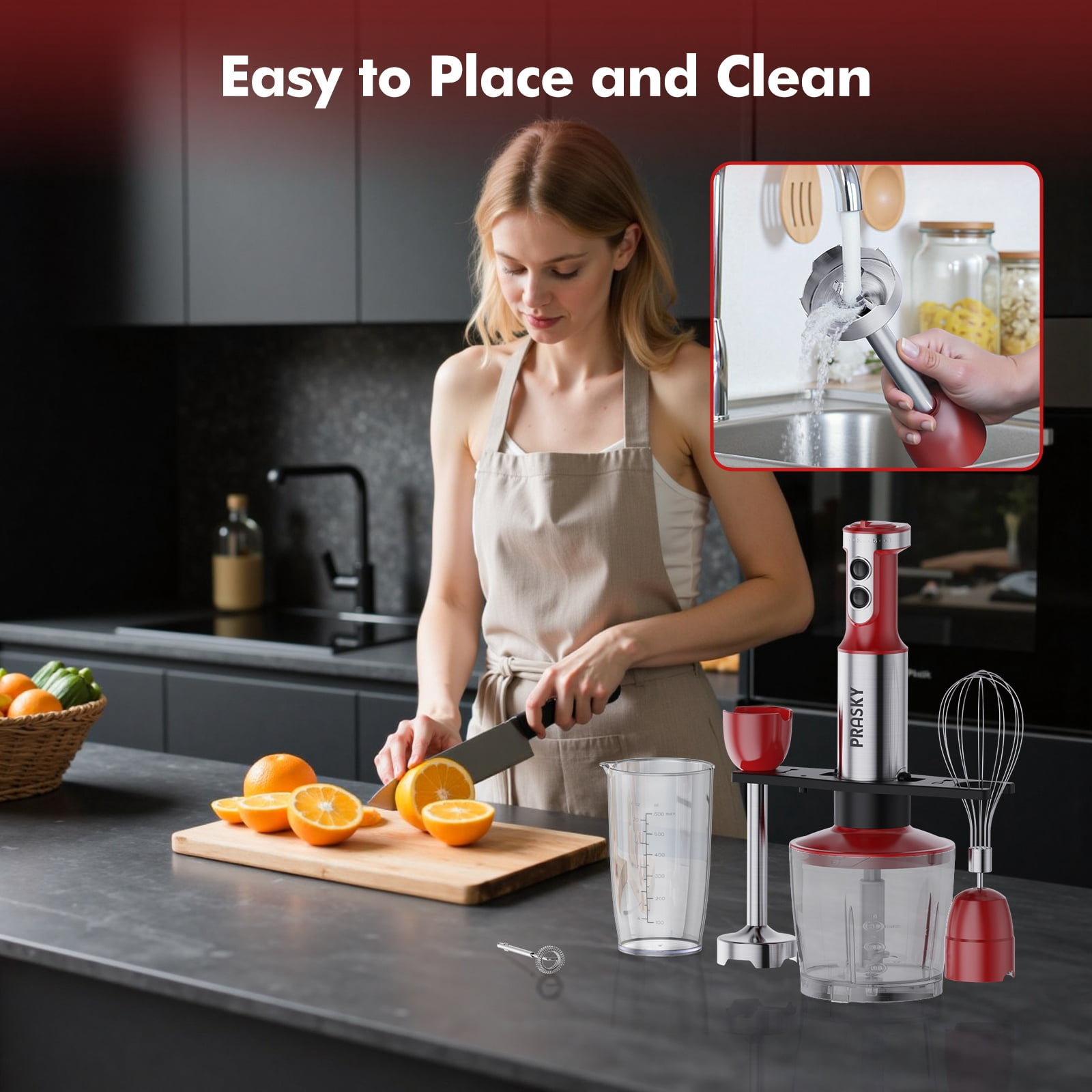 5-in-1 Handheld Immersion Blender, Heavy Duty Motor with Multi-Attachments, Ergonomic Handle, Includes Whisk & Chopper, 120V US Plug, Versatile Kitchen Blending & Whipping Tool