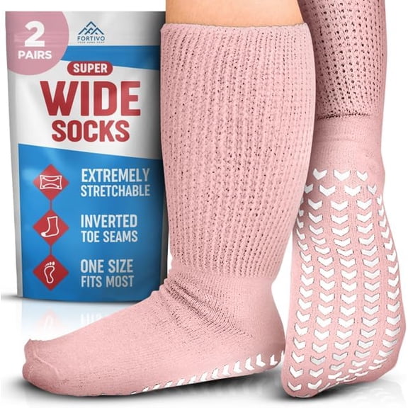 2 Pairs Extra Wide Socks For Swollen Feet, Non-Slip Hospital and Diabetic Socks for Men and Women