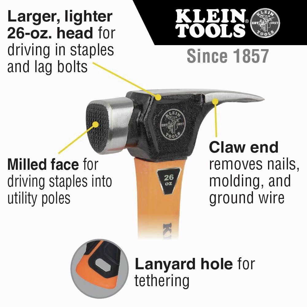 Klein Tools Lineman's Claw End Milled Face Hammer Large 26Oz Head