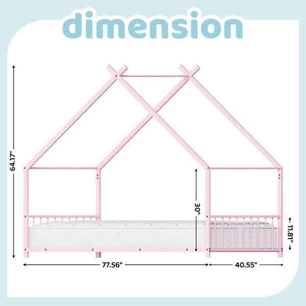 Pink Flat Bed House Shape with Side Guardrails Twin Children's Iron Bed