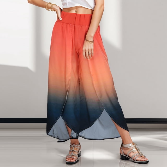 Women Gradient Print Flowy Slit Wide Leg Pants High Waist Pants Bohemian Beach Pants Pant Romper for Women Casual Drawstring Casual Pants Women Animal Print Pants for Women Women Cargo Pants with