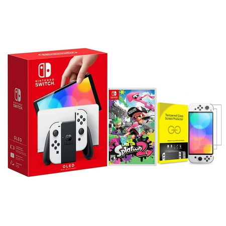 Newest Nintendo Switch (OLED Model) White Joy Con 64GB Console With Splatoon 2 And Screen Protector Bundle