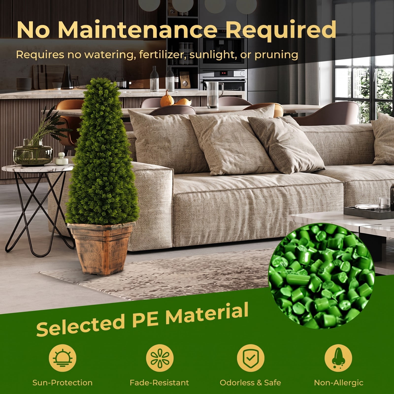 ALPULON 3 Feet Artificial Boxwood Topiary Tree with Cement Flowerpot, Faux Cone-Shaped Potted Plant for Indoor Outdoor Home Porch Office Decor, Green