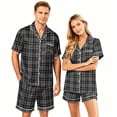 thumbnail image 2 of Leidass Womens Plaid Striped Pajama Set Short Sleeve Button Front Sleepwear Set With Lapel Collar And Shorts Casual Loungewear Gray 2XL, 2 of 5