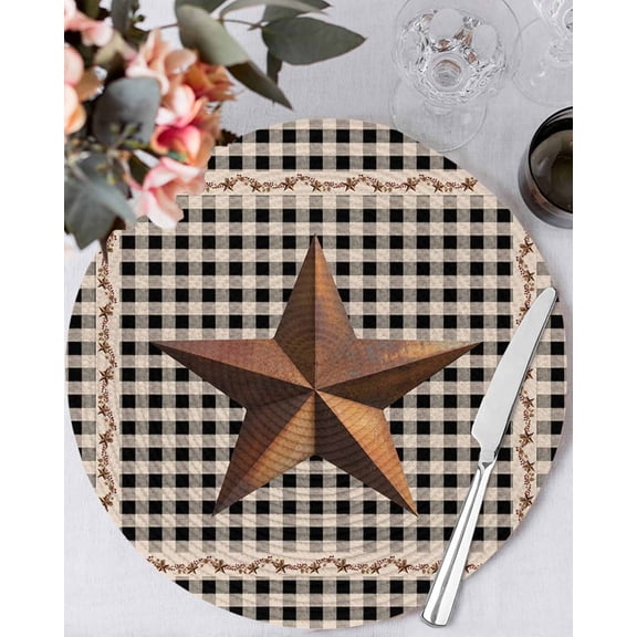 13 Inch Round Placemats Set of 6, Texas Star Vintage Non Slip Heat Insulation PP Table Mats, Retro Country Brown Stars Checkered Washable Place Mats for Kitchen Dining Party Table Decor